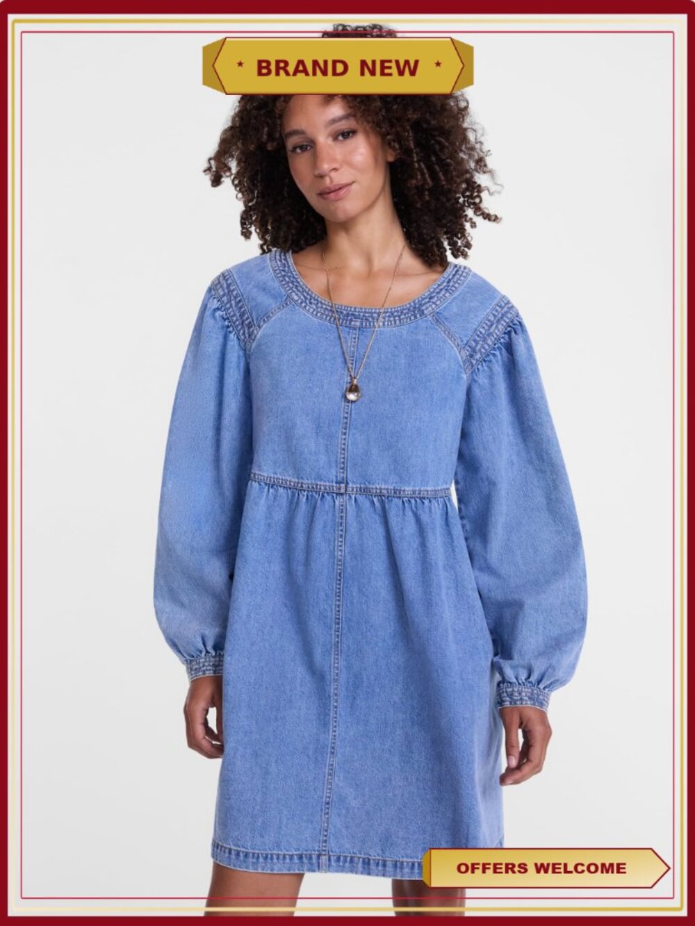 Denim Empire Waist Mini Dress Long Sleeve Stretchy